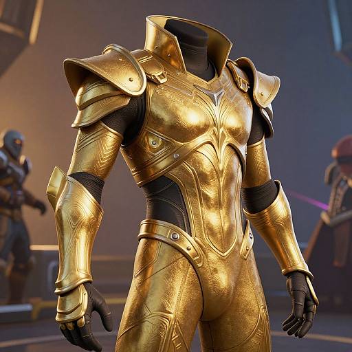CGI image of a golden, ornate, futuristic armored suit with high shoulders and black gloves, standing in a dimly lit sci-fi environment with