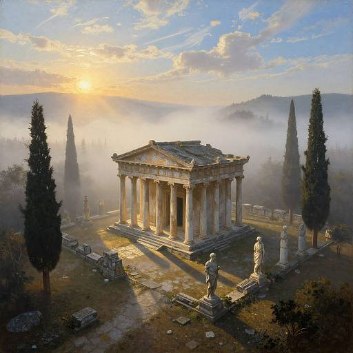 Photograph of a grand, ancient Greek temple with towering columns bathed in golden sunlight, surrounded by mist, tall cypress trees, and scattered ruins