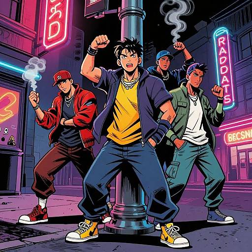 Digital comic-style illustration of four muscular men in urban streetwear, standing confidently at a neon-lit street corner, smoking, with vivid pink, blue