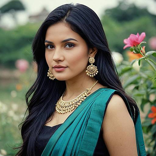 Woman in Silk Saree with Gold Jewelry Outdoors