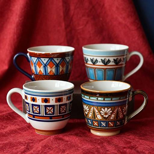 Photograph of four vibrantly patterned ceramic mugs with geometric and floral designs, set on a rich red textured fabric background.