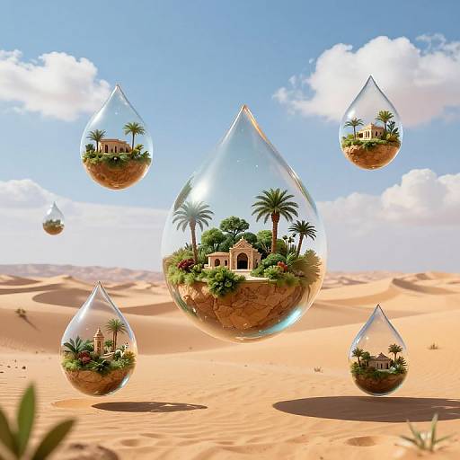 Photorealistic CGI: Glass teardrop bubbles float in desert, each containing miniature palm trees and small, beige, Mediterranean-style houses. Bright blue
