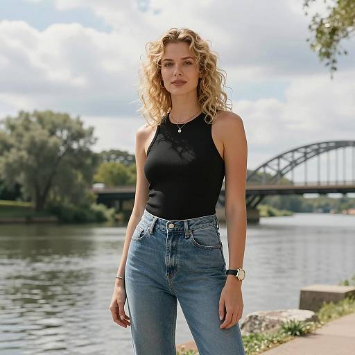 Blonde Woman by River with Bridge