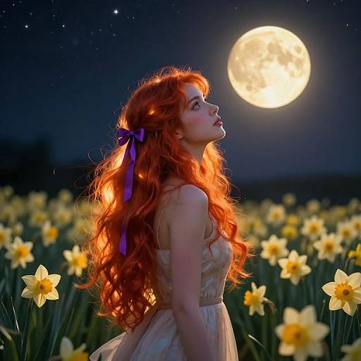 Photograph-style digital artwork of a red-haired woman in a white dress, gazing at a full moon, surrounded by yellow daffodils under