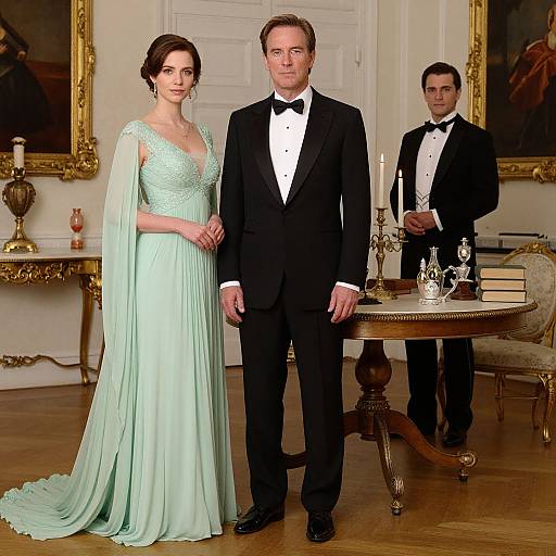 Photograph of a formal event: woman in mint green gown with sheer sleeves, man in black tuxedo, third man in tuxedo background