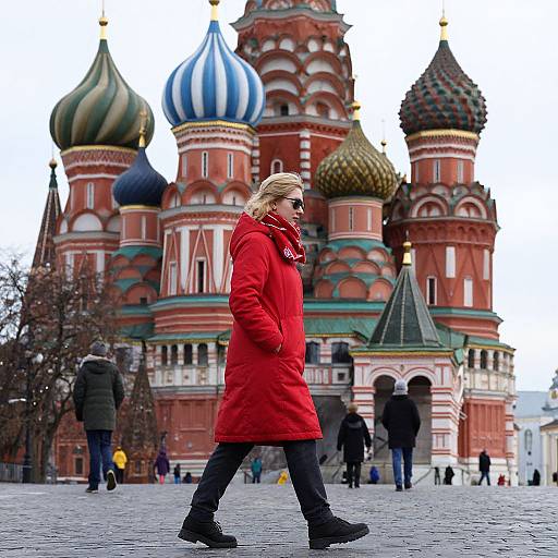 Photograph of a blonde woman in a red coat walking in front of Moscow's colorful, onion-domed St. Basil's Cathedral on a snowy day