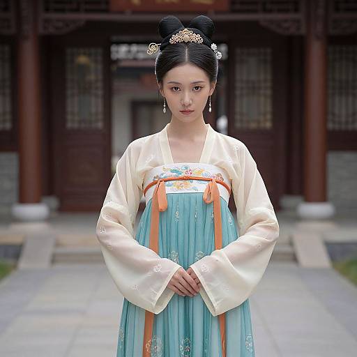 Photograph of an East Asian woman with black hair in a bun, wearing a traditional white and blue hanbok with orange ribbon, standing in front