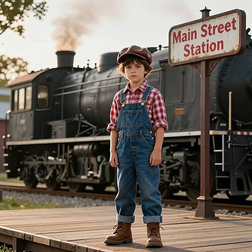 Photograph of a young boy in red checkered shirt, blue overalls, brown boots, and a brown cap, standing on a train platform with