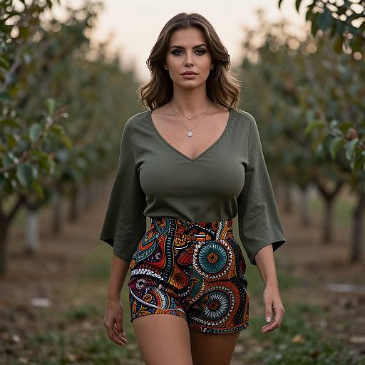 Photograph of a curvy woman with wavy brown hair, wearing an olive green V-neck blouse and colorful patterned skirt, standing in an orch
