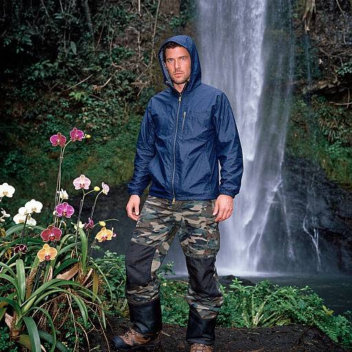 Photograph of a man with short brown hair, wearing a navy hooded jacket and camouflage pants, standing in front of a waterfall with colorful orchids