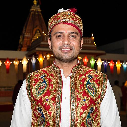 Photograph of a smiling South Asian man in ornate red and gold embroidered traditional attire and headpiece, standing in front of a brightly lit temple at