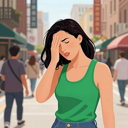 Digital illustration of a tired, black-haired woman in a green tank top and blue jeans, covering her forehead with her hand, standing on a busy,