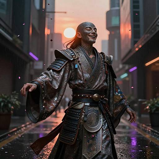 Masked Cyber-Samurai in Neon Chiaroscuro Alley