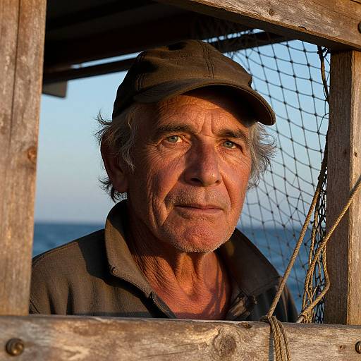 Photograph of an elderly man with weathered face and gray hair, wearing a black cap and shirt, peering through a fishing net window at sunset
