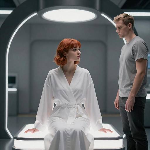 Futuristic Scene with Woman on Glowing Platform and Man Standing