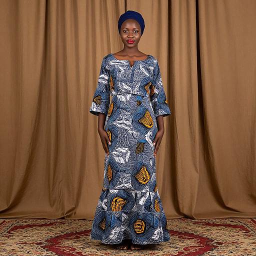 Photograph of a black woman in a blue and white patterned dress with yellow accents, standing against beige curtains, wearing a blue headwrap, on