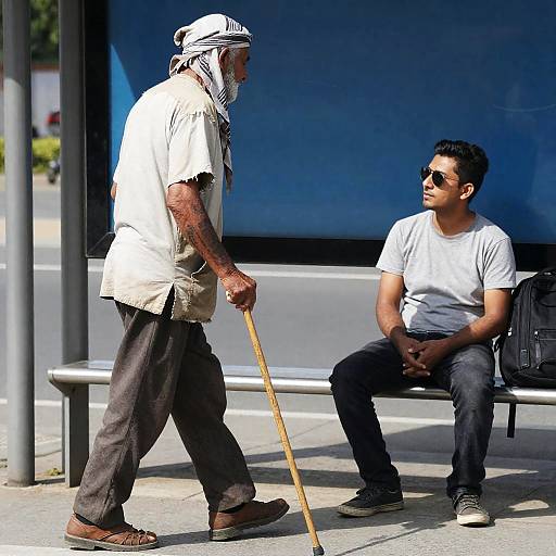 Two Men at a Bus Stop Scene