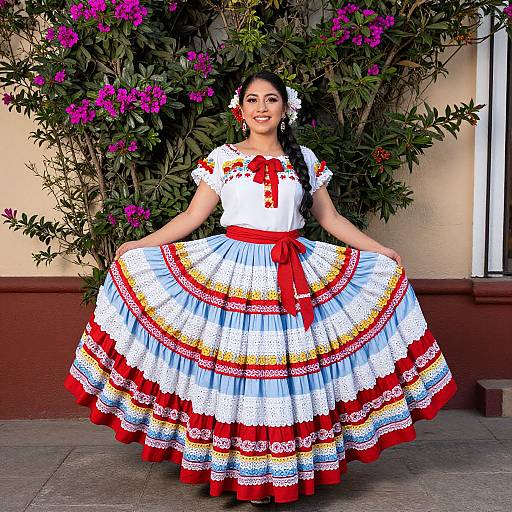 Photograph of a smiling Latina woman in a colorful, traditional Mexican dress with red ribbon, white blouse, and wide skirt, standing against a wall with