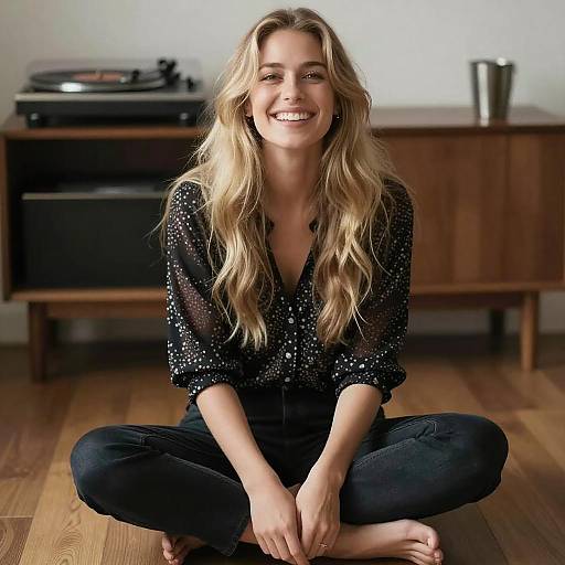 Smiling Blonde Woman on Wooden Floor