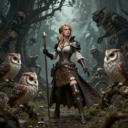 Steampunk Warrior with Owls in Dark Fantasy Forest