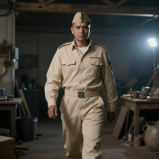 Man in Beige Military Uniform Walking in Warehouse