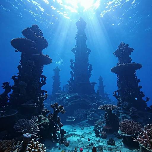 Photograph of a vibrant underwater scene with tall, dark coral formations, illuminated by sunlight, surrounded by various corals and small fish.