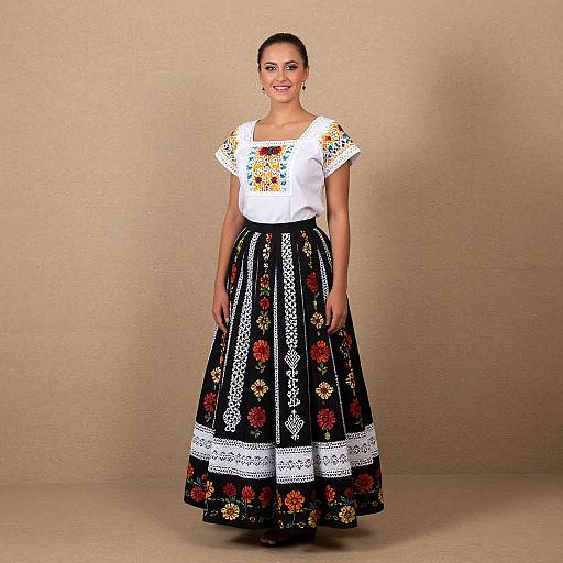 Photograph of a smiling woman with dark hair in a bun, wearing a white embroidered blouse and a black floral-patterned skirt with white lace trim,