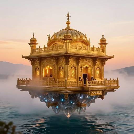 Photograph of a golden, ornately detailed, floating temple at sunset, with mist below and reflective water, surrounded by distant mountains.
