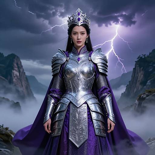 Digital art of a fierce queen with silver armor, purple cape, and crown, standing before a stormy, lightning-filled mountain landscape.