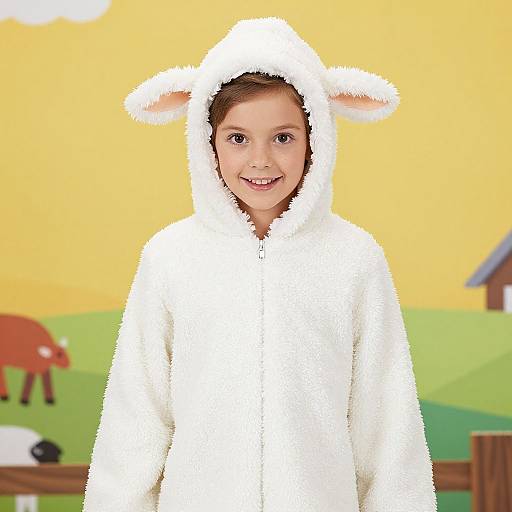 Photograph of a young girl with light skin and brown hair, smiling, wearing a fluffy white sheep costume with ears, against a colorful, cartoon-style