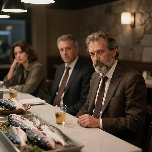 Three Individuals in a Dim Restaurant Setting