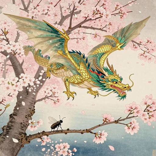 Digital artwork of a golden dragon with green and blue scales and wings, leaping through pink cherry blossom branches, with a black insect on a lower branch