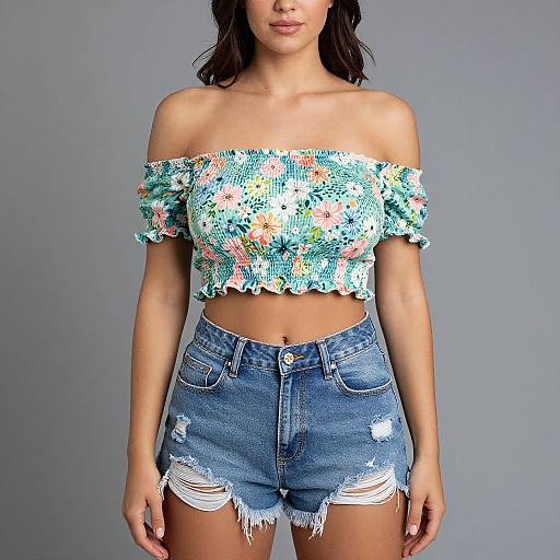 Photograph of a woman with medium skin tone wearing a floral off-shoulder crop top and distressed high-waisted denim shorts against a gray background
