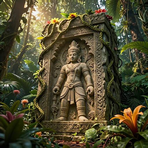 Photograph of an intricately carved stone statue of a deity, adorned with flowers, surrounded by lush tropical jungle foliage. Sunlight filters through the dense