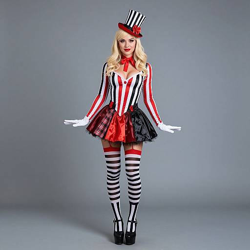 Photograph of a blonde woman in a striped top, red and black plaid skirt, white gloves, striped stockings, and black platform heels, wearing
