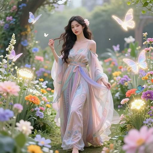 Photograph-like digital artwork of an ethereal Asian woman with long black hair in a flowing, pastel, off-shoulder dress, surrounded by