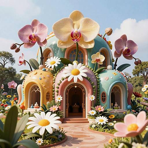 Digital art of a whimsical, pastel-colored house adorned with oversized flowers, including daisies and orchids, under a bright blue sky.
