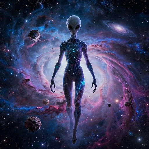 Silhouetted alien with elongated head, glowing eyes, and slender physique floats in vibrant, colorful cosmic background with swirling nebulae and asteroids