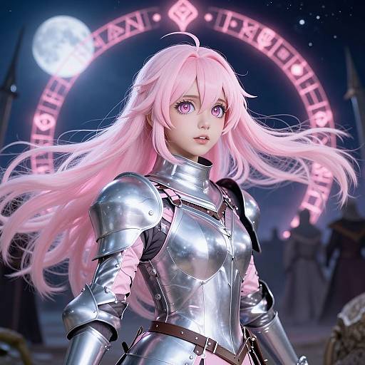 Digital artwork of a pink-haired, purple-eyed anime woman in shiny silver armor, standing before a glowing pink circular symbol at night.