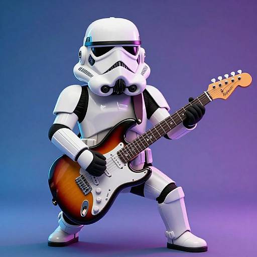 CGI image of a white Stormtrooper playing a sunburst electric guitar against a gradient blue-purple background, in a dynamic, rock pose.