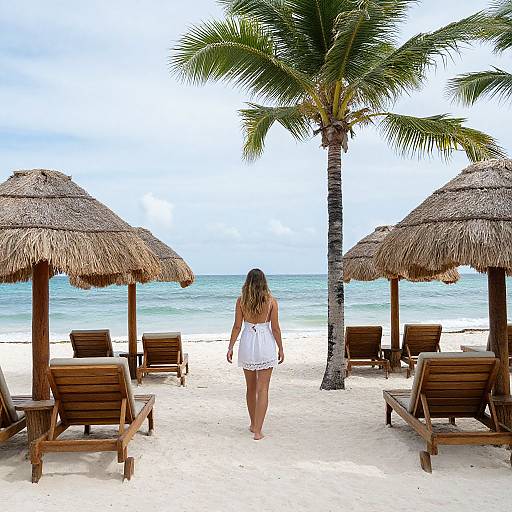 Photograph of a woman with long brown hair in a white sundress, walking on a tropical beach towards the ocean, surrounded by wooden lounge chairs and