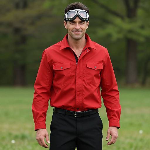 Confident Man in Red Jacket with Goggles