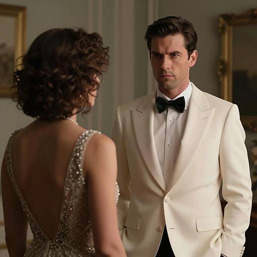 Man in White Tuxedo and Woman in Beaded Dress in Dimly Lit Room