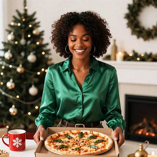 Smiling woman holding pizza in festive living room