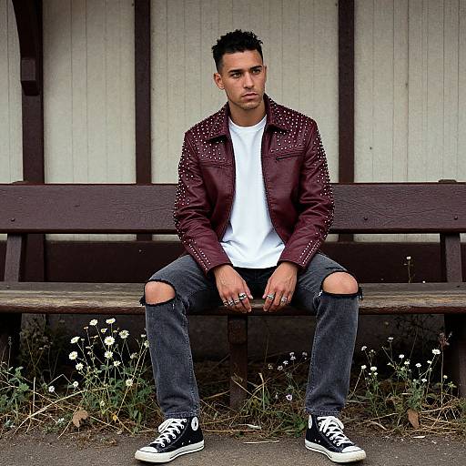 Photograph of a young man with short black hair, wearing a maroon leather jacket, white t-shirt, ripped jeans, and black Converse sneakers