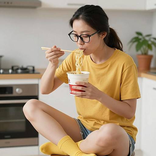 Bright Kitchen Scene with Asian Woman