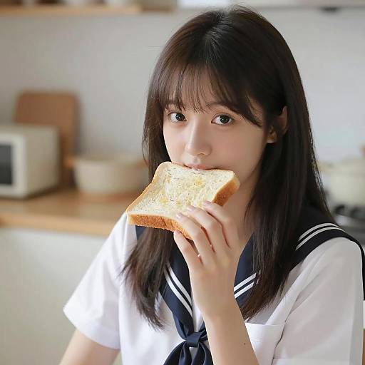 Young Woman Eating Toast in Kitchen