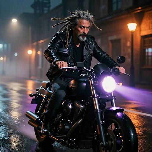 Photograph-style CGI of a rugged, dreadlocked man in a black leather jacket riding a black motorcycle at night on a wet, neon-lit street