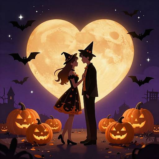 Digital illustration of a witch and wizard in black Halloween attire, facing each other under a giant full moon, surrounded by glowing jack-o'-lanterns