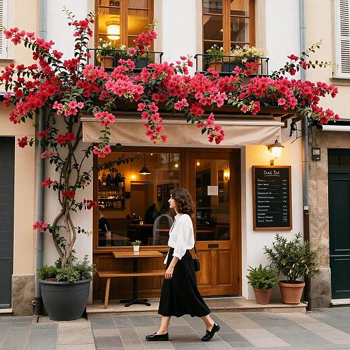 Photograph of a woman in a white blouse and black skirt walking past a charming café with vibrant red bougainvillea, wooden door, and chalk